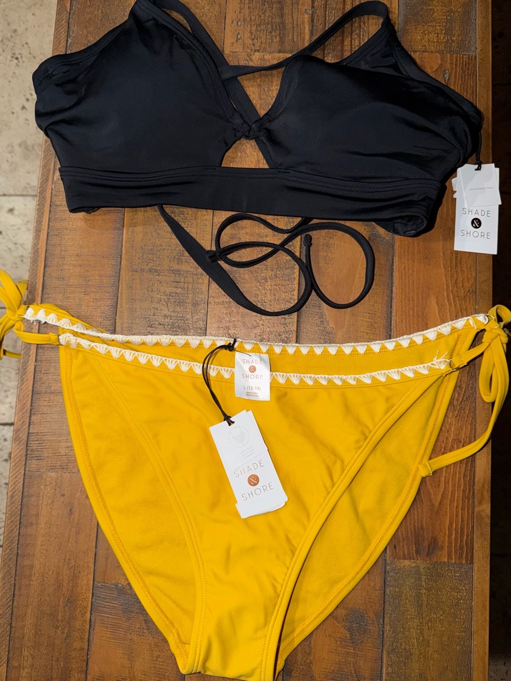Shade & Shore Black Bikini Top with Yellow Tie-Side Bottom Set